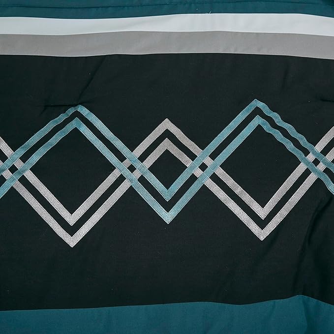 Chezmoi Collection Arden 7-Piece Modern Pleated Stripe Embroidered Zigzag Bedding Comforter Set (Queen, Teal/Black/Gray)