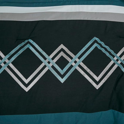 Chezmoi Collection Arden 7-Piece Modern Pleated Stripe Embroidered Zigzag Bedding Comforter Set (Full, Teal/Black/Gray)