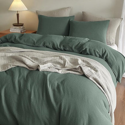 SE SOFTEXLY Muslin Duvet Cover Queen Size, 100% Washed Cotton Duvet Cover Set, Ultra Soft Comforter Cover Linen Like, 3 Pieces Minimalist Gauze Duvet Cover with 2 Pillowcases, 90"x90", Forest Green