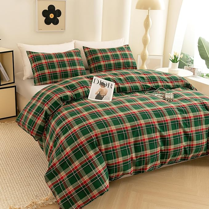 ECOCOTT Buffalo Plaid Duvet Cover Queen Size– 3 Piece Green Checkered Bedding Set, 100% Washed Cotton, Soft Breathable Reversible Design with Zipper Closure & Corner Ties