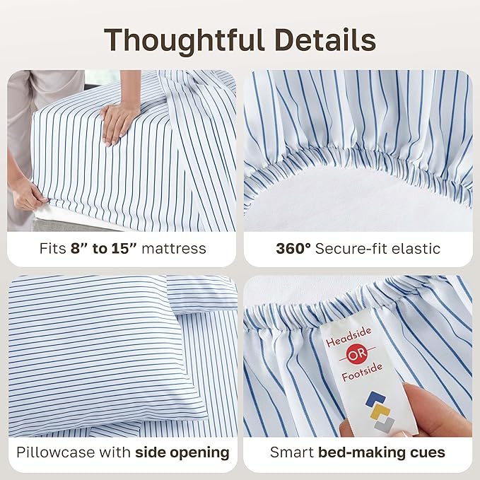 California Design Den Printed Striped Sheets Twin Size Bed Set - 600 Thread Count Sateen, Premium 100% Cotton Sheets with Deep Pockets - Classic Blue Stripe Print