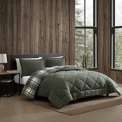 Eddie Bauer - Twin Comforter Set, Microsuede Bedding with Soft Plush Faux Shearling Reverse, 2 Piece Bed Set with Matching Pillowcase (Big Lake Plaid Green)
