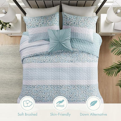 Madison Park King Quilt Set, Seersucker Floral Coverlet, All Season Lightweight Microfiber Bedding Quilt Set, Vermicelli Quilting Design, Throw Pillow, Caralie, King/Cal King Aqua 4 Piece