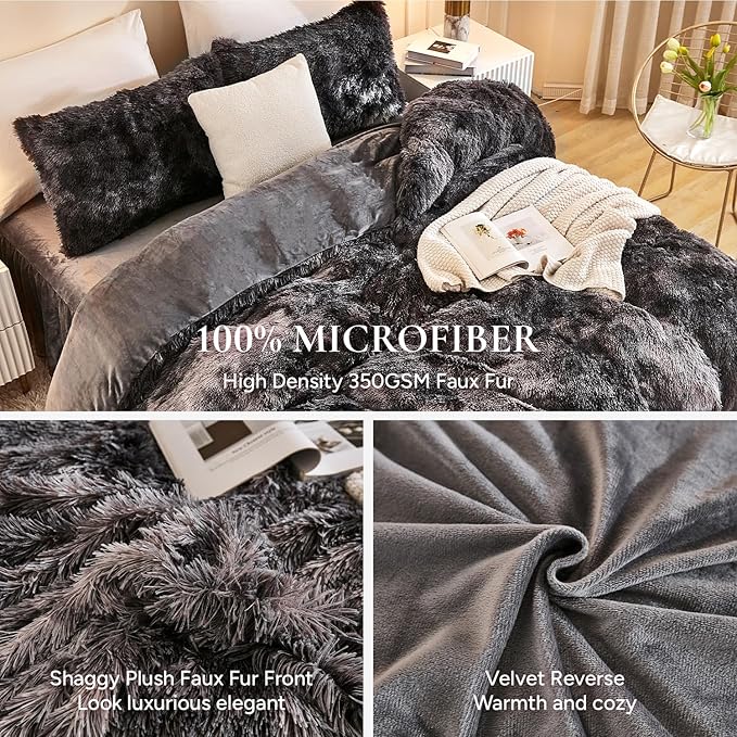 Andency Faux Fur Tie-Dyed Dark Grey Comforter Set Full Size, 3 Pieces Fluffy Fuzzy Plush Bedding Comforter Set (1 Shaggy Velvet Comforter & 2 Pillowcases), Soft Puffy Down Comforter Bedding Set