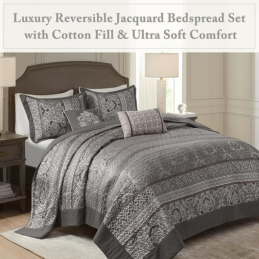 Madison Park Traditional Damask Design All Season, Lightweight Coverlet Bedspread Bedding Set, Matching Shams, Pillows, (102"x118"), Bellagio, Jacquard Grey, 5 Piece