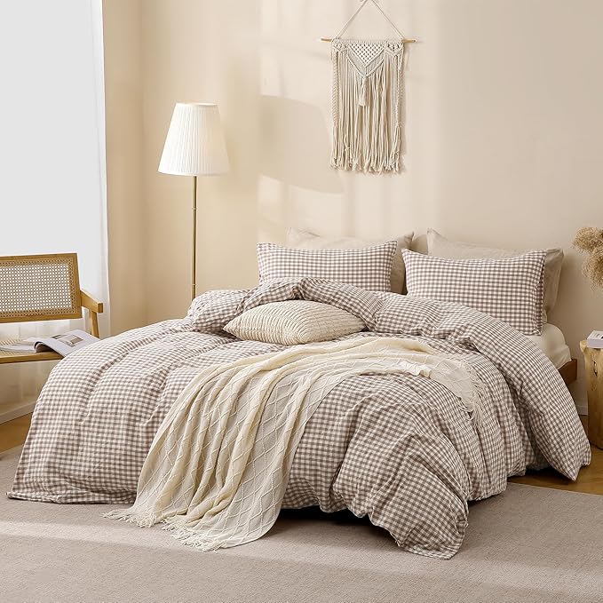 TOCOMOA Tan Gingham Duvet Cover Bedding Set 100% Washed Cotton Like Linen Feel Super Soft Comfy 3 Piece Brown Plaid Checkered Comforter Cover Set (Oversized Queen 98"x98", Comforter Not Included)