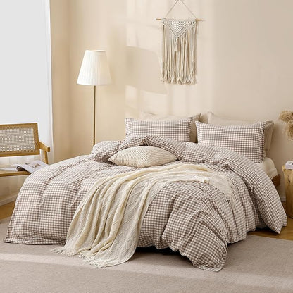 TOCOMOA Tan Gingham Duvet Cover Bedding Set 100% Washed Cotton Like Linen Feel Super Soft Comfy 3 Piece Brown Plaid Checkered Comforter Cover Set (California King 104"x98", Comforter Not Included)