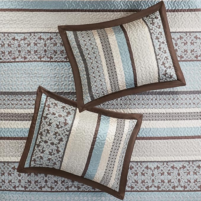Madison Park Princeton Reversible Quilted Bedspread Set, Solid Reverse Summer Breathable, Lightweight All Season Bedding Layer, Matching Shams, Bedspread Queen(102"x118"), Blue 5 Piece