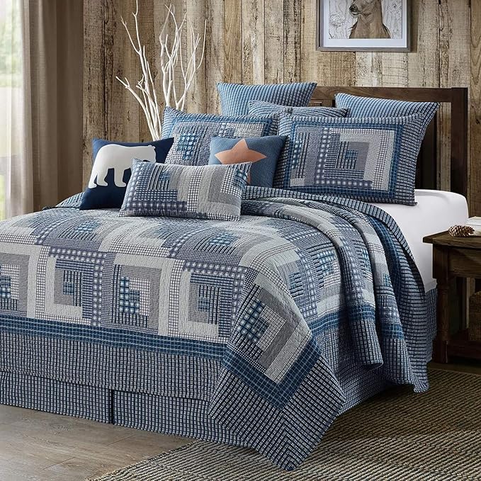 Virah Bella 3 Piece King Cabin Quilt Bedding Set - Montana Cabin: Blue/Gray - Rustic Country Reversible Patchwork Comforter Set with Decorative Pillow Shams, Blue/Gray