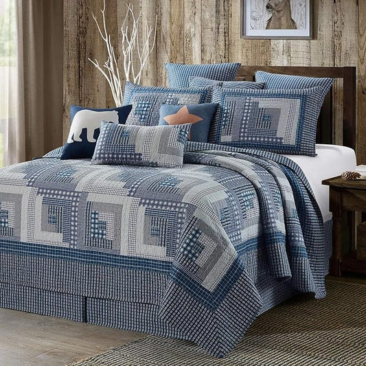 Virah Bella 2 Piece Full/Queen Lodge Quilt Bedding Set - Rustic Country Reversible Comforter Set with Decorative Pillow Shams - Montana Cabin: Blue/Gray