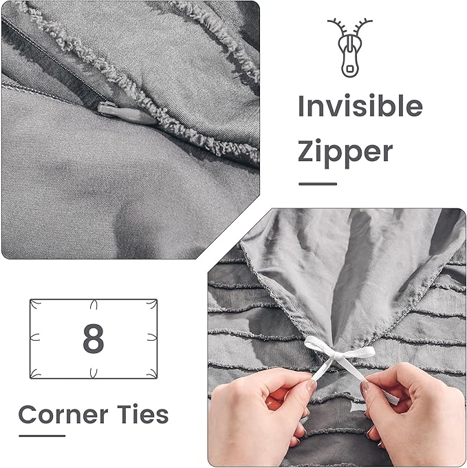NEXHOME PRO Duvet Cover Queen,Grey 3 Pieces Boho Tufted Duvet Cover Set, Soft and Lightweight 100% Washed Microfiber Comforter Cover Set for All Season(Grey Queen, 90 x 90)-No Comforter