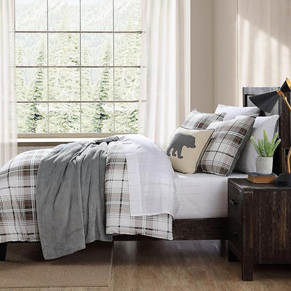 Eddie Bauer - King Comforter Set, Reversible Cotton Bedding with Matching Shams, Plaid Home Decor (Alder Red/Grey, King)