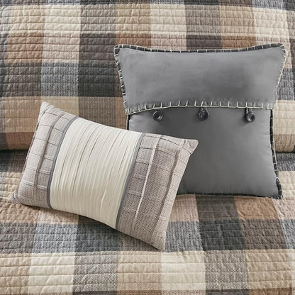 Madison Park Reversible Quilt Cabin Lifestyle Plaid Design - All Season, Breathable Coverlet Bedspread Bedding Set, Matching Shams, Full/Queen(90"x90"), Neutral 6 Piece