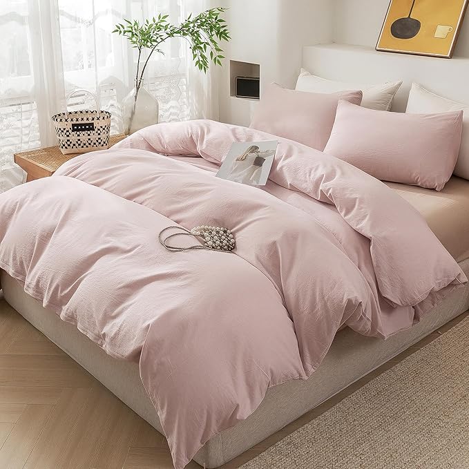 ECOCOTT Duvet Cover Set, 100% Washed Cotton Linen-Like Soft & Breathable, Durable Comfy Bedding Set for All Seasons Full Size (Greyish Pink)