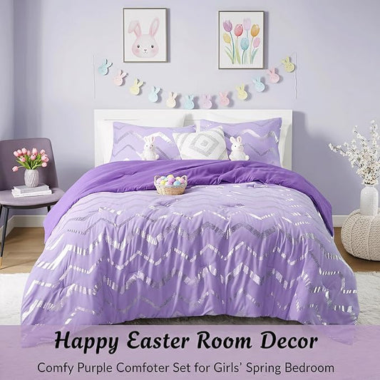 Codi Twin XL Bedding Set - Cute Purple Bed Set, Metallc Print Comforter - 3 Piece Sets for Girls, Includes 1 Comforter, 1 Decorative Pillow, and 1 Pillow Case - All Season, Lightweight and Warm