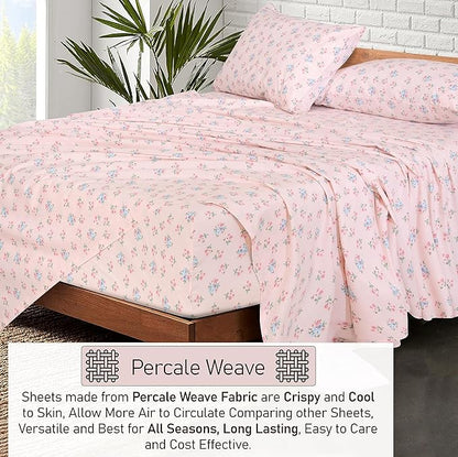 RUVANTI 100% Cotton Sheets – King Size Percale Bedding, Cooling & Breathable Floral Design, Durable with a Crisp, Soft & Comfortable Feel, 16" Deep Pocket, 4-Piece Set, Spring On