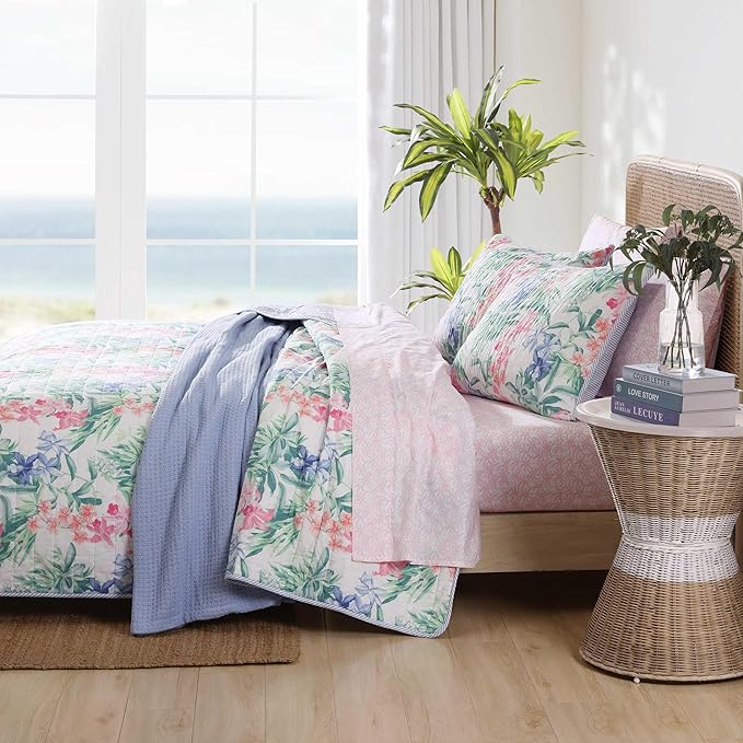 Tommy Bahama - King Quilt Set, Reversible Cotton Coastal Bedding with Matching Shams, Colorful Botanical Bedding Set (Island Orchid Pink/Blue)