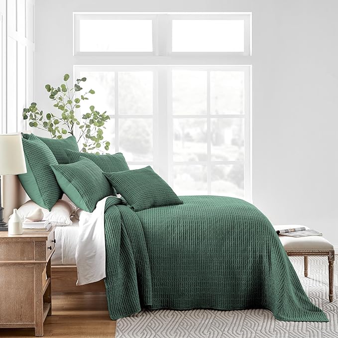 Levtex Home Mills Waffle Queen Bedspread Set (104x106in) with 2 Pillow Shams (26x20in) - Forest Green - 100% Cotton Queen Size Bedspread Set - Lightweight, Soft, Pre-Washed