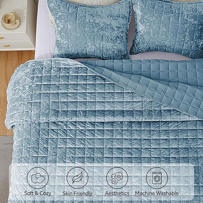 BEDELITE Velvet Quilt Set Queen Size - Luxury Velvet Comforter Bedding Set 3 Pieces, Lightweight Soft Cozy Shiny Dusty Blue Oversized Bedspread Coverlet for All Seasons with 2 Pillow Shams
