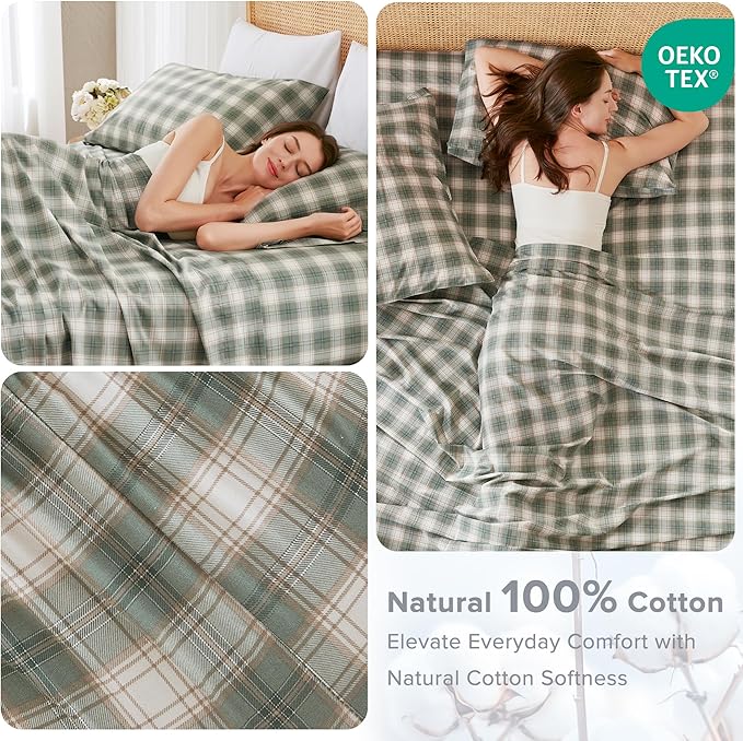 Comfort Spaces 100% Cotton Sheets King, Breathable, Naturally Cool Cotton Sheets, Soft Cotton Bed Sheets with 14" Elastic Pocket Fits up to 16" Mattress, All Seasons Sheet Set, Wesley Green 4 Piece