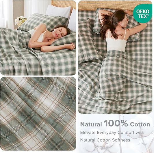 Comfort Spaces 100% Cotton Sheets King, Breathable, Naturally Cool Cotton Sheets, Soft Cotton Bed Sheets with 14" Elastic Pocket Fits up to 16" Mattress, All Seasons Sheet Set, Wesley Green 4 Piece