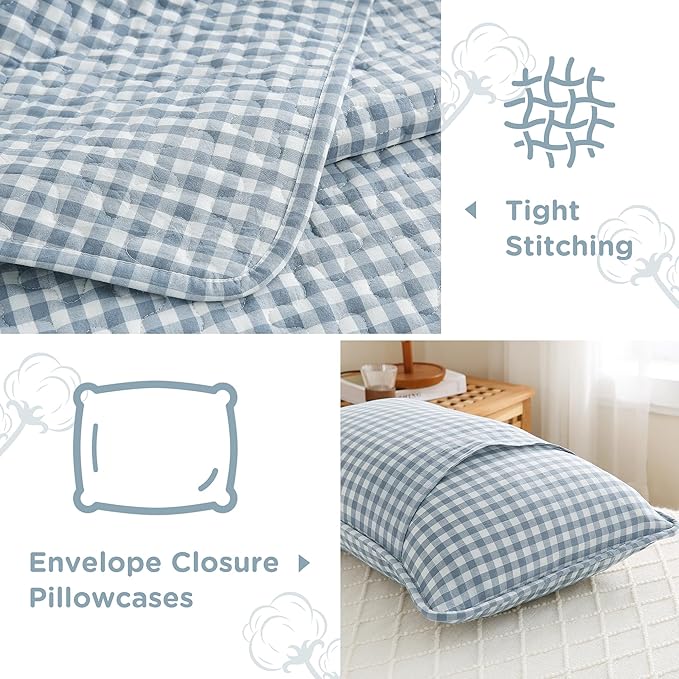 TOCOMOA Blue Gingham Quilt Bedding Set 100% Washed Cotton Bedspread Coverlet Like Linen Feel Soft Comfy Breathable 3 Piece Plaid Checkered Lightweight Comforter Set for All Season, Queen 96"x90"