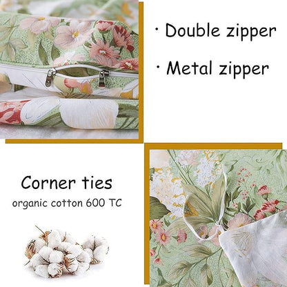 FADFAY Girls Floral Duvet Cover Set Twin 100% Cotton Bedding 600 TC Mint Green and White Flower Elegant Garden Lily Printed Comforter Cover Zipper Corner Ties Soft Bed Cover 3 Pcs