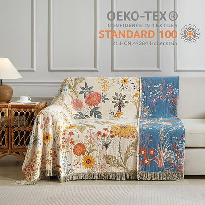 Boho Throw Blanket for Bed 80”x90”, 100% Cotton Woven Blanket for Couch Sofa, Ultra Soft 4-Layer Muslin Quilt with Floral Printed, Farmhouse Bed Blanket/Cover for Living Room Decor