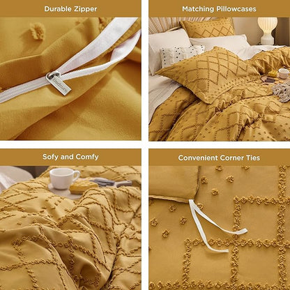 Bedsure Boho Duvet Cover King Size,Mustard Yellow Breathable & Soft Boho Bedding, Machine Washable Comforter Cover for All Seasons, Includes 1 Duvet Cover 104"x90" with 2 Pillow Shams & Zipper Closure