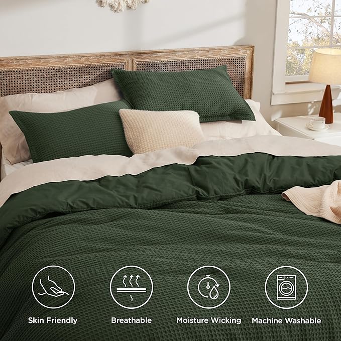 Bedsure Waffle Comforter Set Queen, Olive Green Soft Bedding, Waffle Weave Bed Set, 3 Pieces, 1 Comforter (90"x90") and 2 Pillow Shams, Cotton Shell and Polyester Lining for All Seasons