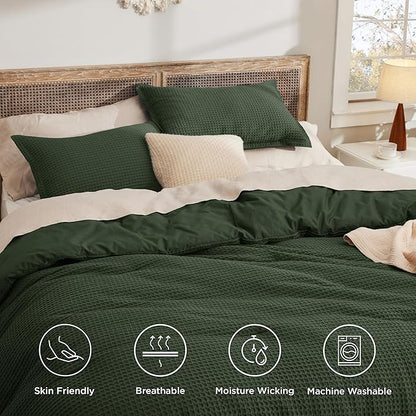 Bedsure Waffle Comforter Set King, Olive Green Soft Bedding, Waffle Weave Bed Set, 3 Pieces, 1 Comforter (104"x90") and 2 Pillow Shams, Cotton Shell and Polyester Lining for All Seasons