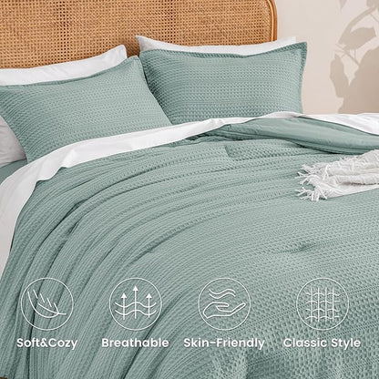 PHF Soft Waffle Comforter Set Queen Size- Comfy Breathable Waffle Weave Comforter with 2 Pillow Shams, 3 Pieces Less Snagging Lightweight Textured Bedding Set for All Season, Dusty Blue