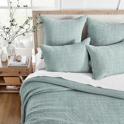 Levtex Home Mills Waffle Queen Bedspread Set (106x106in) with 2 Pillow Shams (26x20in) - Spa - Cotton Waffle Queen Size Bedspread Set - Lightweight, Soft, Pre-Washed | Textured