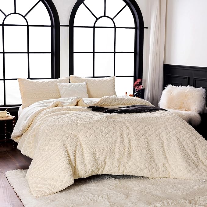 COTTEBED Reversible Sherpa Fluffy Comforter Queen Set, Boho Tufted Full Size Bedding Down Comforter Bed Set, Ultra-Soft Lightweight Washed Cotton Shabby Plush Fleece Sherpa All Season, Off White Ivory