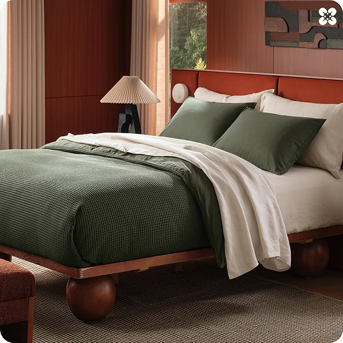 Bedsure Cotton Duvet Cover King Size - 100% Cotton Waffle Weave Olive Green Duvet Cover, PureWoven Textured Breathable Bedding Comforter Cover for All Season, 1 Duvet Cover Only 104"x90"