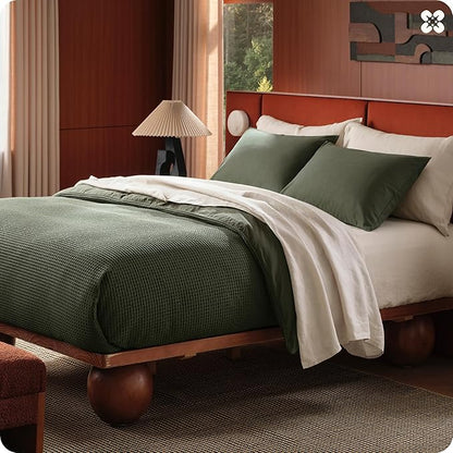 Bedsure Cotton Duvet Cover King Size - 100% Cotton Waffle Weave Olive Green Duvet Cover, PureWoven Textured Breathable Bedding Comforter Cover for All Season, 1 Duvet Cover Only 104"x90"