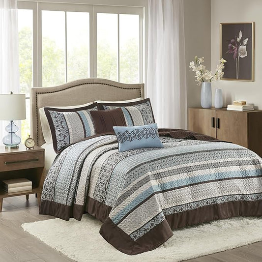 Madison Park Princeton Reversible Quilted Bedspread Set, Solid Reverse Summer Breathable, Lightweight All Season Bedding Layer, Matching Shams, Bedspread Queen(102"x118"), Blue 5 Piece