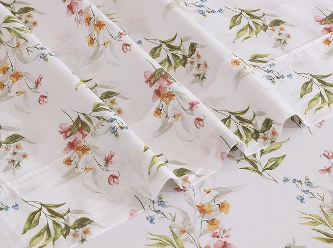 RUVANTI 100% Cotton Sheets – Queen Size Percale Bedding, Cooling & Breathable Floral Design, Durable with a Crisp, Soft & Comfortable Feel, 16" Deep Pocket, 4-Piece Set, Floral Bliss