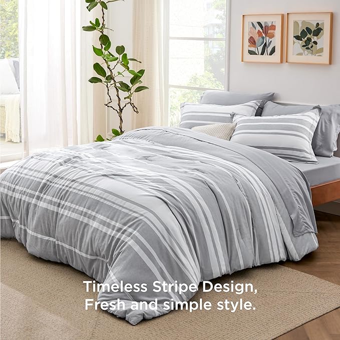 Bedsure Full Comforter Set 7 Pieces, Grey Striped Bedding Set for All Seasons, Reversible, Cationic Dyeing Bed in a Bag with Comforter, Sheets, Pillowcases & Shams