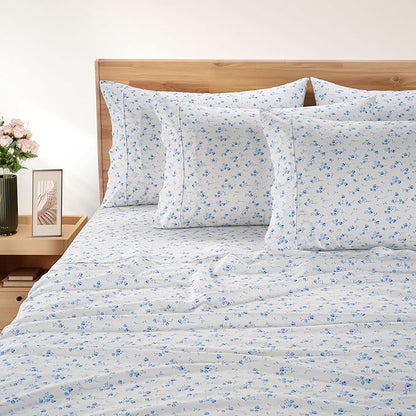Casa Platino 100% Cotton Sheets Split King Size Set - 7 Pieces (1 Flat, 2 Fitted, 4 Pillowcases) - Soft, Breathable & Cooling Percale Bed Sheets with Deep Pocket - Split King Sheet Set - Floralis