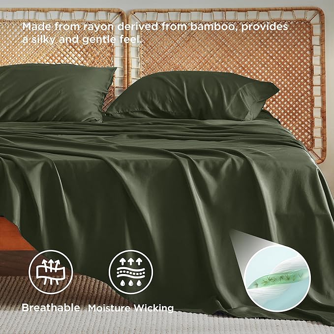 Bedsure Queen Sheet Set, Rayon Derived from Bamboo, Cooling Sheets, PureWoven, Breathable & Soft, Deep Pocket Up to 16 Inches, Hotel Luxury Silky Bedding for Hot Sleepers, Olive Green