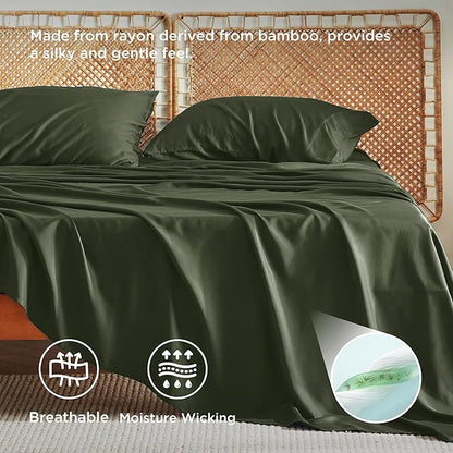 Bedsure Full Size Bed Sheets, Cooling Sheets, Rayon Derived from Bamboo, PureWoven, Breathable & Soft, Deep Pocket Up to 16 Inches, Hotel Luxury Silky Bedding for Hot Sleepers, Olive Green