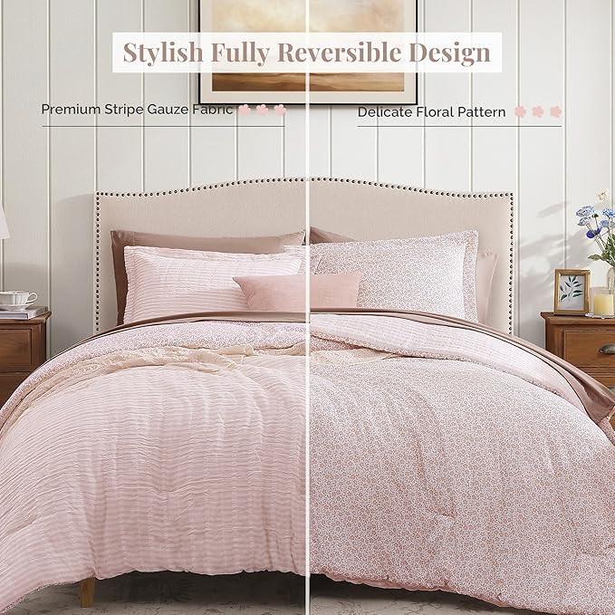 Full Comforter Set - 7 Pieces Pink Gauze Muslin Bedding Sets for All Seasons, Lightweight Breathable Bed in a Bag Full with Revesible Farmhouse Comforter, Sheets, Pillowcases & Sham
