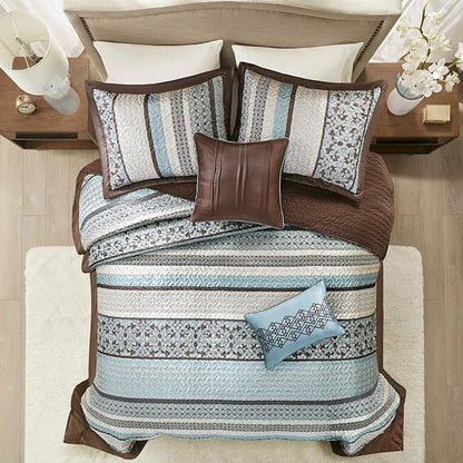 Madison Park Princeton Reversible Quilted Bedspread Set, Solid Reverse Summer Breathable, Lightweight All Season Bedding Layer, Matching Shams, Bedspread Queen(102"x118"), Blue 5 Piece