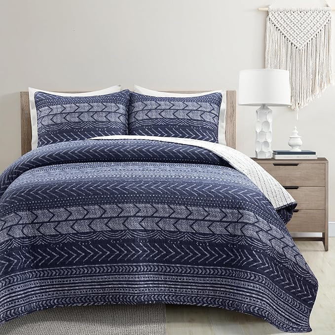 Lush Decor Hygge Geo Pattern Striped 3 Piece Quilt Bedding Set, King, Navy