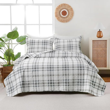 Plaid Quilt Set King Size - Ultra Soft Gingham Quilts Bedding Set with 2 Pillow Shams, Lightweight Reversible Striped Quilted Bedspread Coverlet 3 Pieces for Summer, 104"×90", Grey White