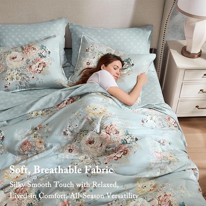 Madison Park Essentials Floral Comforter Set KING Size, Vintage Flower Bedding Set with Sheet Set, 7 Pieces Bed in a Bag with Reversible Botanical Comforter and Pillowcases & Shams, Heather, Soft Blue