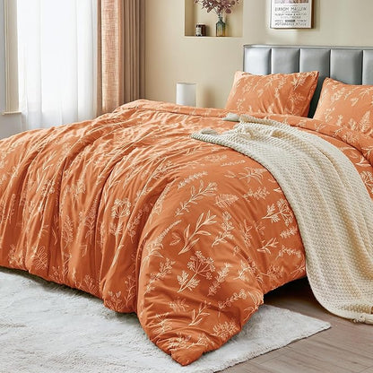 MUXHOMO Duvet Cover Queen Size, Reversible Floral Caramel Duvet Cover Set with Zipper Closure, 3 Pieces Botanical Patterns Soft Microfiber Bedding Set with 4 Ties (90"x90", 2 Pillow Cases)