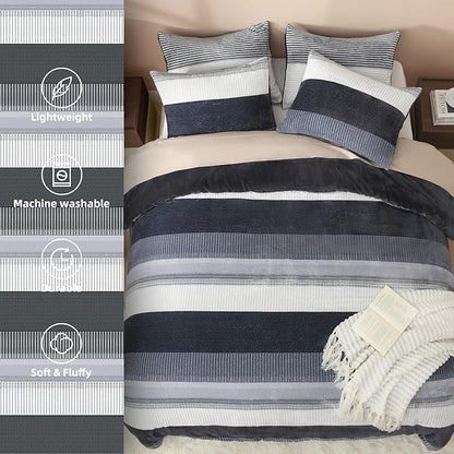 Litanika Fluffy Fleece Twin Comforter Set, Luxury Soft Plush Fuzzy Dark Grey Stripe Bedding Comforter Sets, Warm Shaggy Faux Fur Bed Set All Season (1 Comforter, 1 Pillowcase)