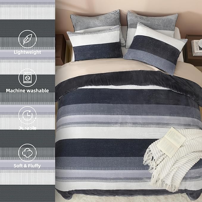 Litanika Fluffy Fleece Queen Comforter Set, Luxury Soft Plush Fuzzy Dark Grey Stripe Bedding Comforter Sets, Warm Shaggy Faux Fur Bed Set All Season (1 Comforter, 2 Pillowcases)